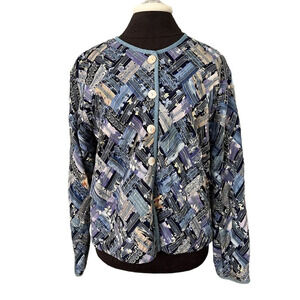 Vintage Soul Mates Blue Rayon Patchwork Jacket Metallic Threads Medium